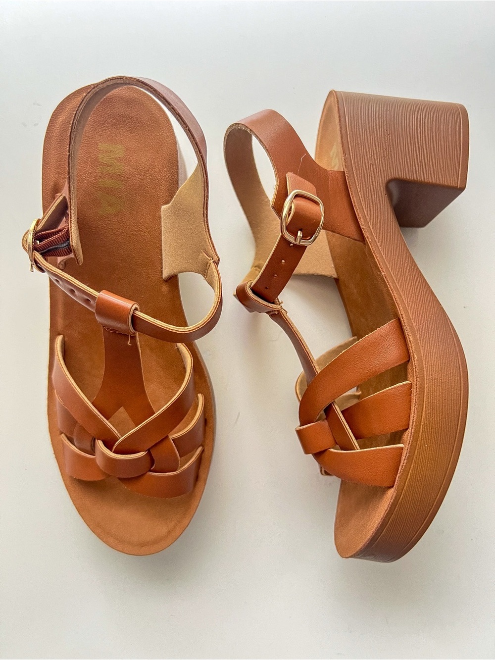 MIA Girl Faux Leather T-Strap Platform Chunky Heel Sandals - Tan, Size 6.5